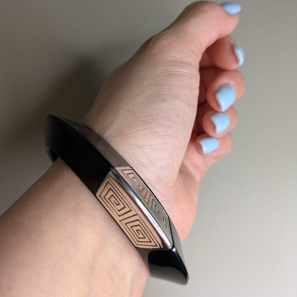 Architectural Black Cuff Bracelet Geometric Silver Detail Statement Bold Bangle